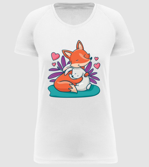 Vulpe drăguță cu iepure îmbrățișare model alb pe tricou