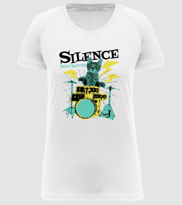 Pisică Baterist - Silence Destroyer model alb pe tricou