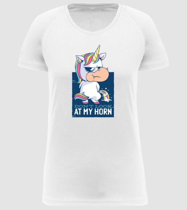 'Don''t look at my horn tricou amuzant unicorn' model alb pe tricou