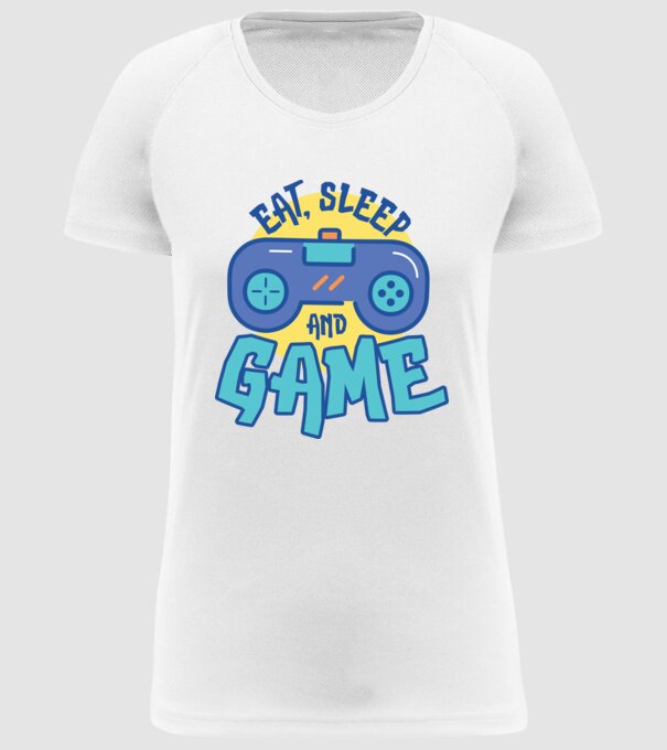 Eat Sleep and Game model alb pe tricou
