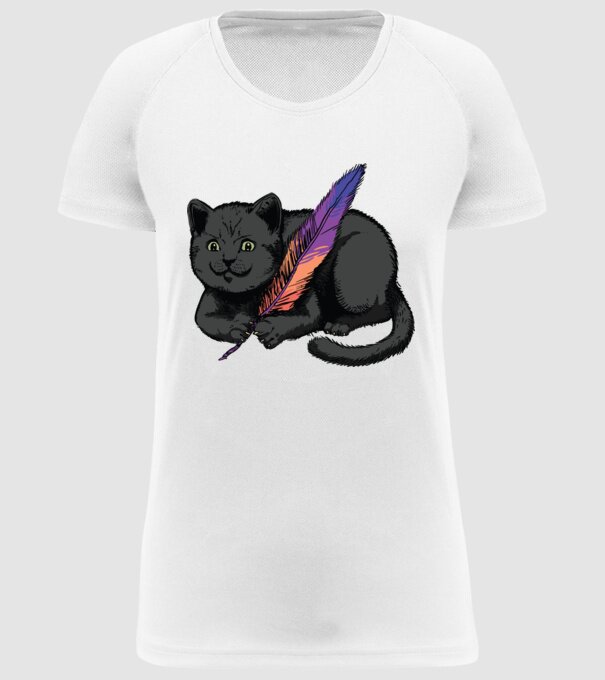 Pisicuță neagră cu pene model alb pe tricou