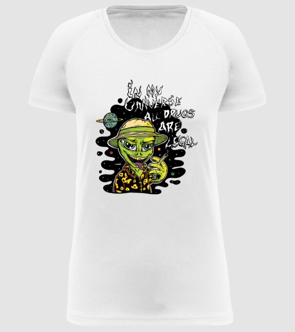 Alien drogat model alb pe tricou