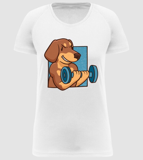 Teckel body builder model alb pe tricou