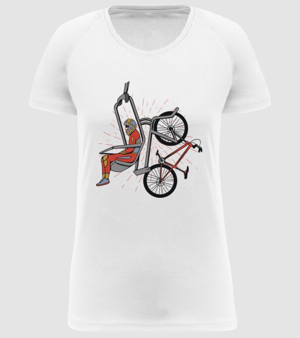 Biciclist montain bike pe teleferic model alb pe tricou