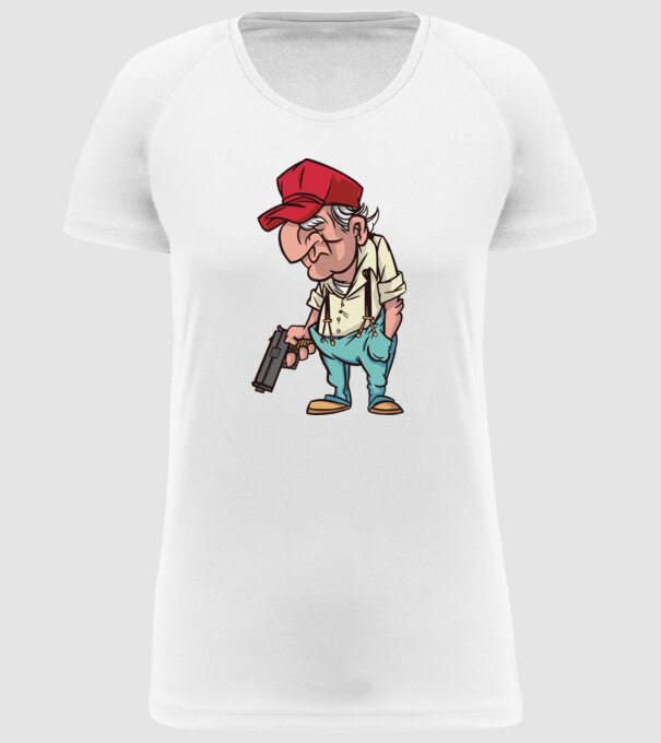 Bătrân cu armă model alb pe tricou