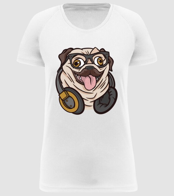 Mops cu căști model alb pe tricou
