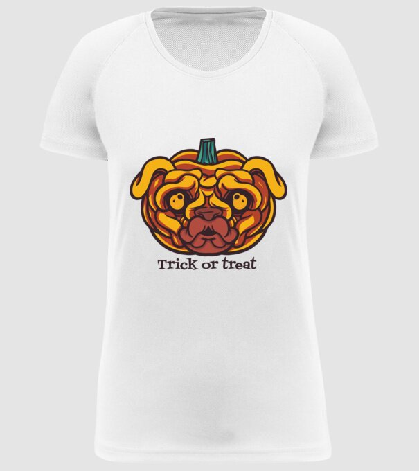 Mops cap de dovleac Halloween model alb pe tricou