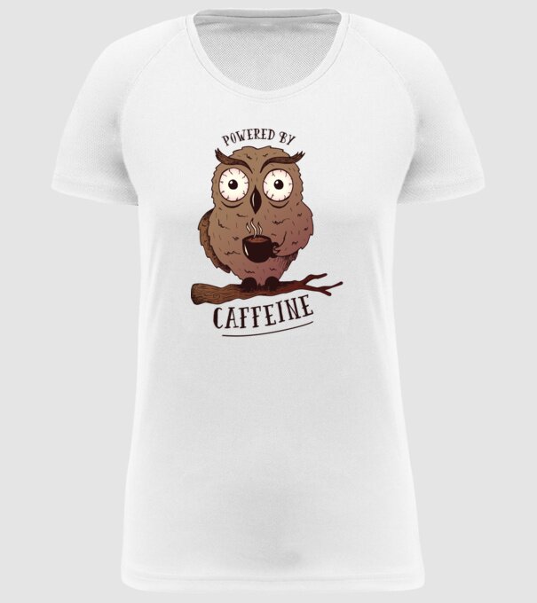 Powered by Caffeine - Tricou cu bufniță și energie de cafeină model alb pe tricou