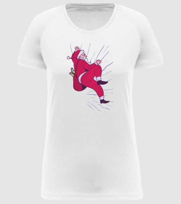 Moș Crăciun se cațără cu cadouri - tricou Crăciun model alb pe tricou