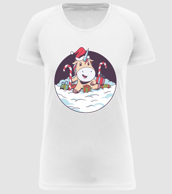 Unicorn Moș Crăciun cu cadouri model alb pe tricou