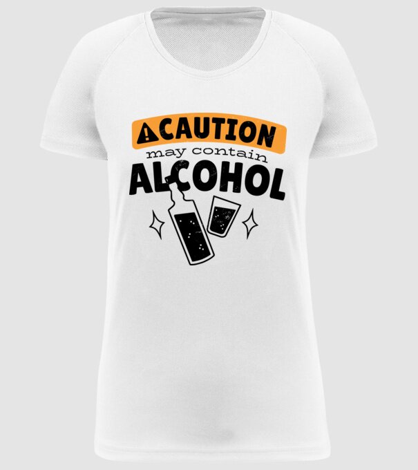 Atenție, poate conține alcool model alb pe tricou