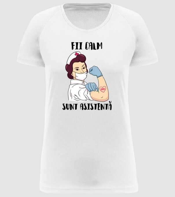 Fii calm, sunt asistentă model alb pe tricou