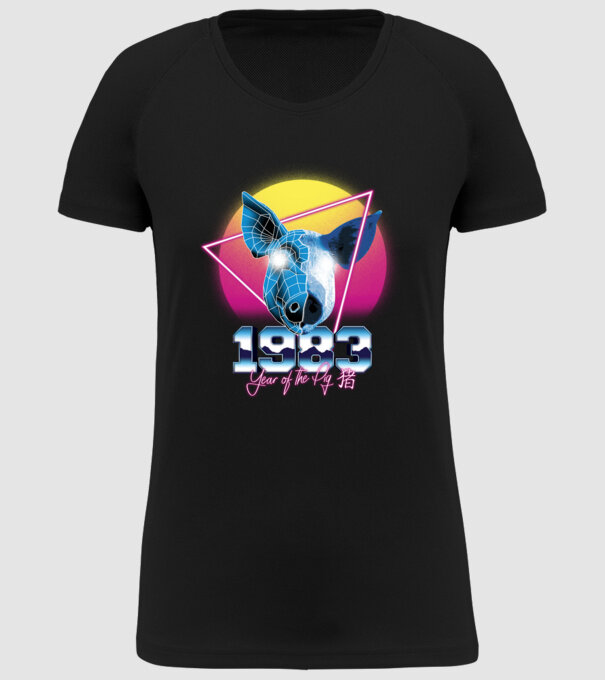 1983 Year of the Pig model negru pe tricou