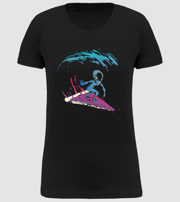 Alien Pizza Surf tricou amuzant model negru pe tricou