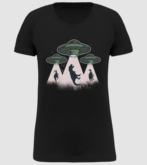 Alien OZN dinozaur model negru pe tricou