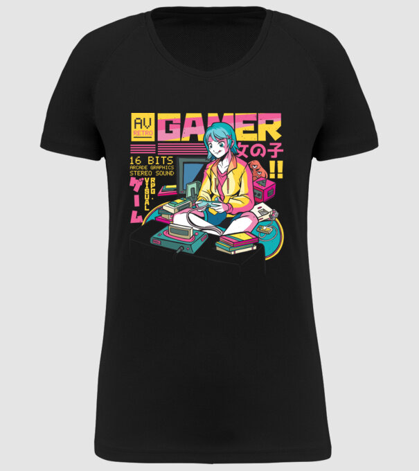 Anime fată Gamer model negru pe tricou