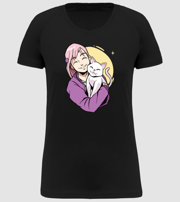 Anime fată cu pisică model negru pe tricou