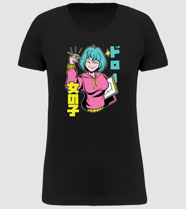 Anime fată desenând model negru pe tricou