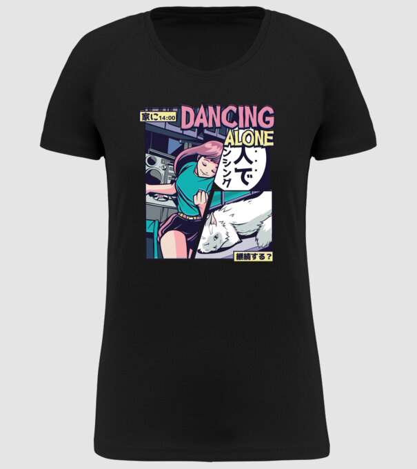 Anime Vaporwave Dancing Alone model negru pe tricou
