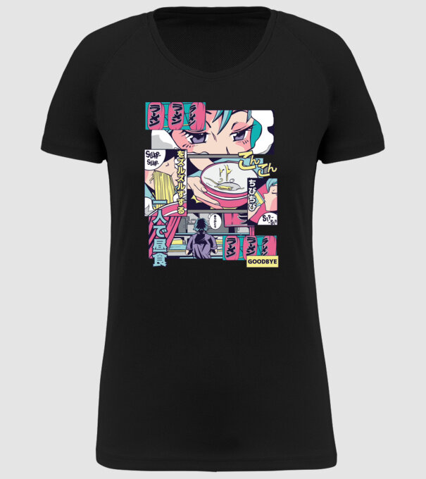 Anime Vaporwave Ramen model negru pe tricou
