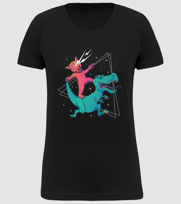 Pisică drogată pe dinozaur model negru pe tricou