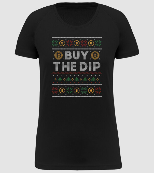 Buy the Dip Bitcoin Ugly Sweater model negru pe tricou