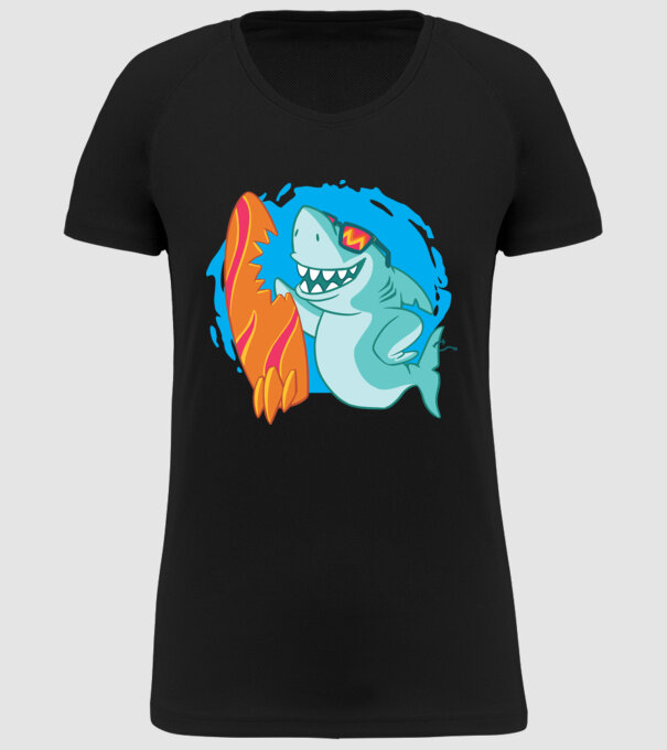Mușcătură rechin Surf model negru pe tricou
