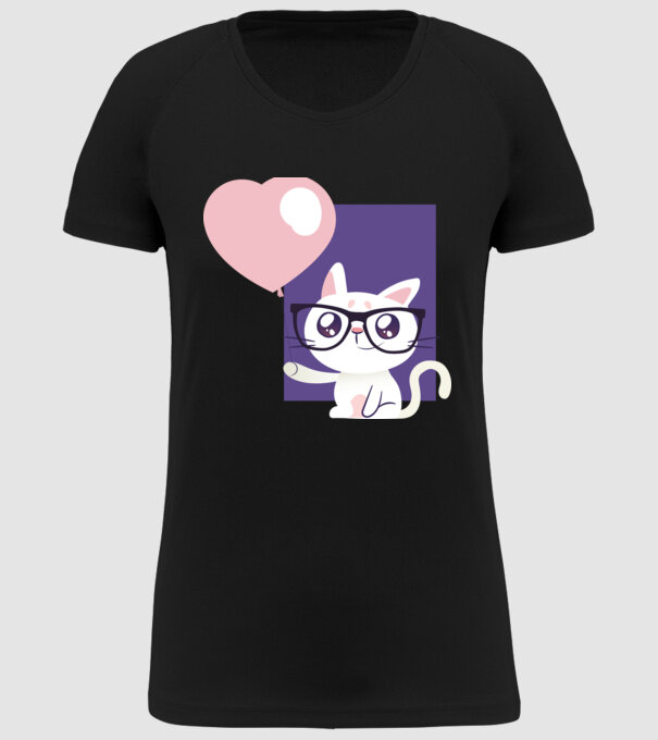Inimă Pisică cu balon model negru pe tricou