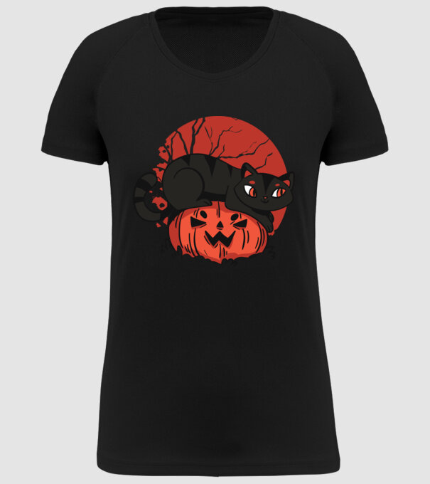 Pisică pe dovleac Halloween model negru pe tricou