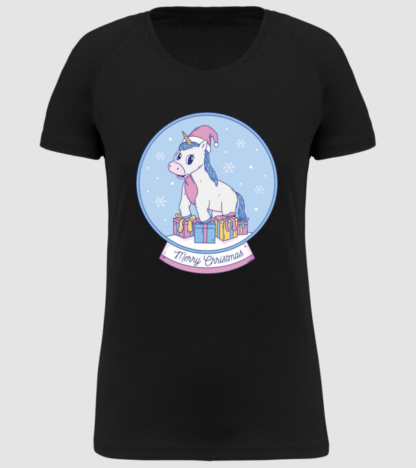Glob de zăpadă drăguț, de Crăciun, cu Unicorn model negru pe tricou
