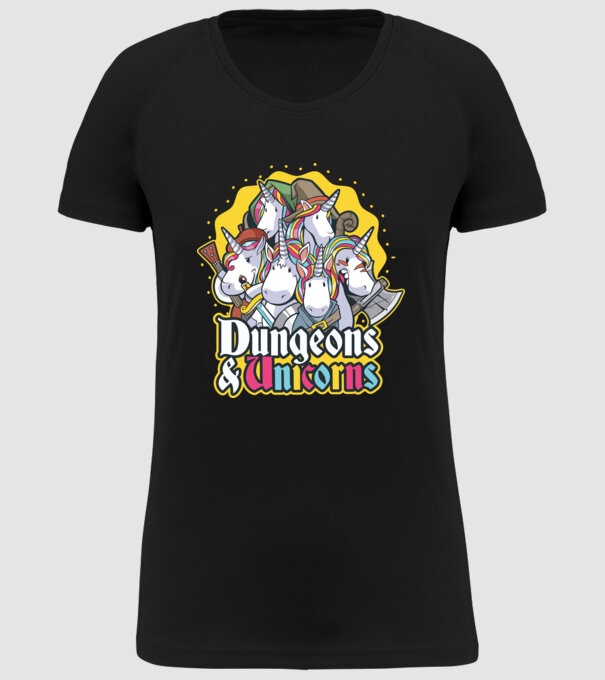 Dungeons and Unicorns model negru pe tricou