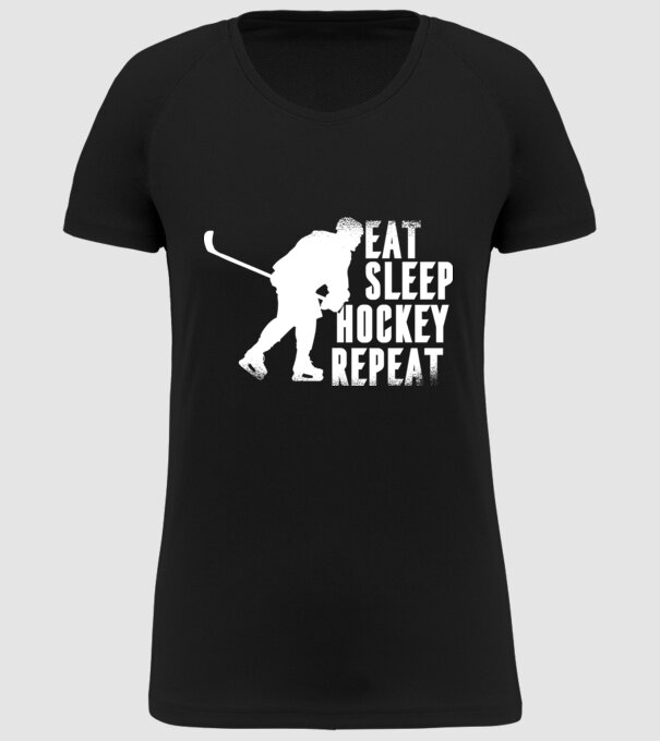 Eat Sleep Hockey Repeat model negru pe tricou