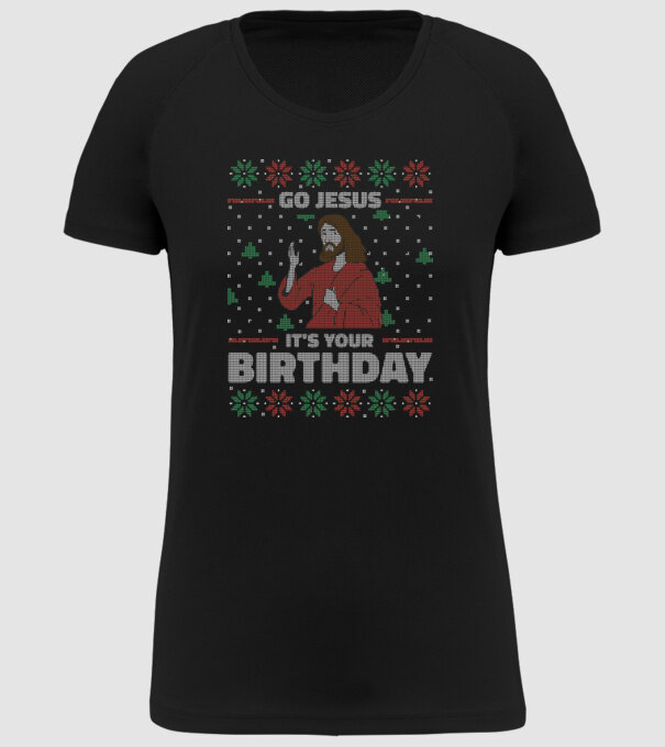 'Go Jesus, It''s Your Birthday Ugly Sweater' model negru pe tricou