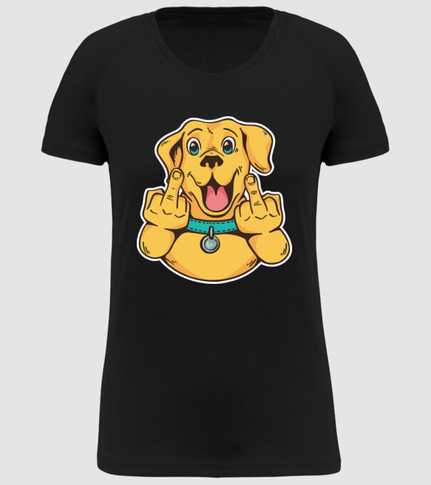 Golden Retriever arată degetul model negru pe tricou