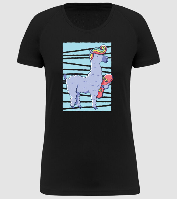 Lama Skateboarder model negru pe tricou