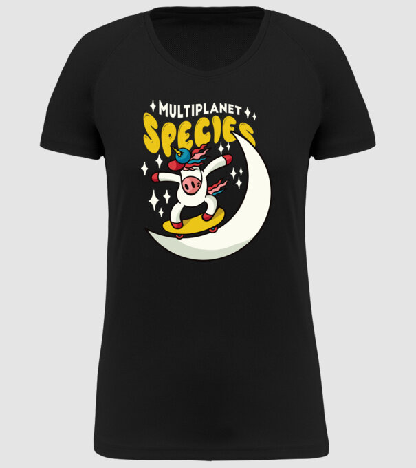Skateboarding unicorn model negru pe tricou