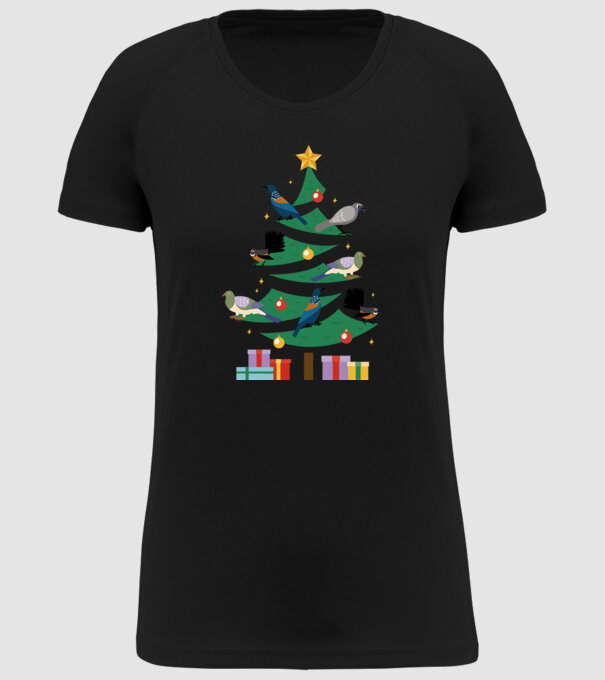 Pom de Crăciun cu păsări model negru pe tricou