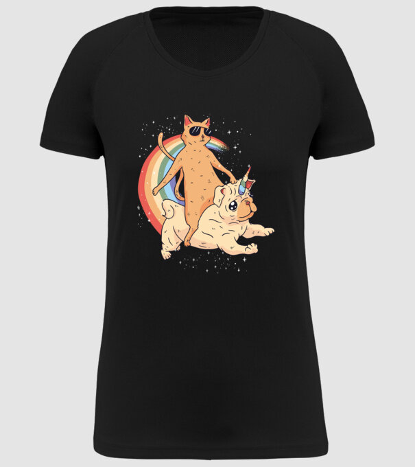 Pisică și Mops unicorn model negru pe tricou
