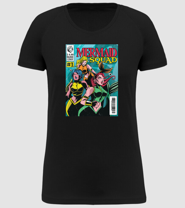 benzi desenate Mermaid Squad model negru pe tricou