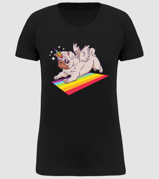 Mops unicorn model negru pe tricou