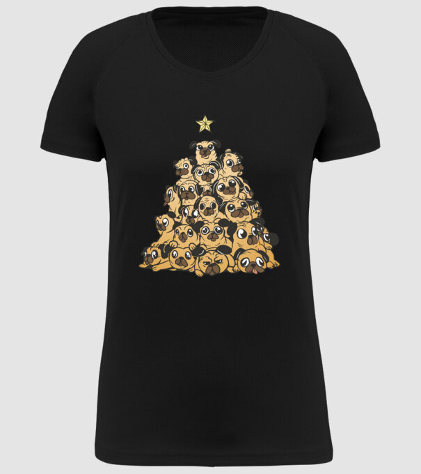 pom de Crăciun cu cățel (mops) model negru pe tricou