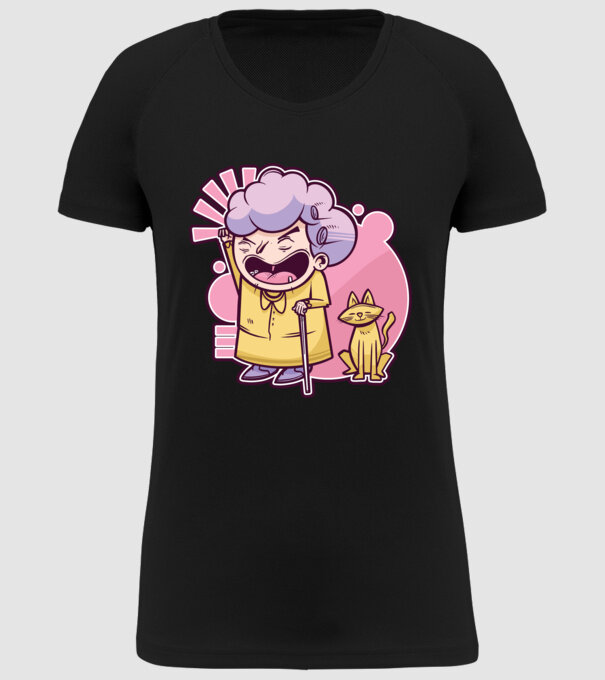 Bunică cu pisică model negru pe tricou