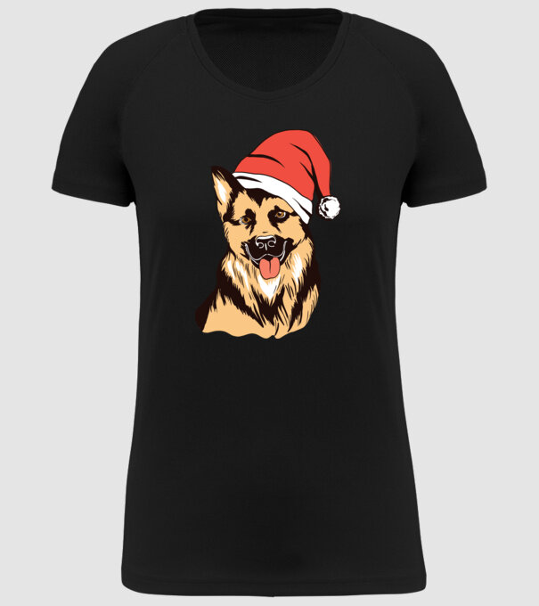 Ciobănesc german în căciulă de Moș Crăciun model negru pe tricou