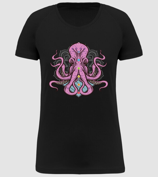 Yoga Octopus model negru pe tricou