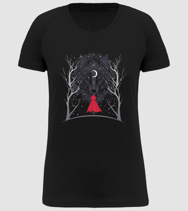 Scufița Roșie și Lupul noaptea tricou model negru pe tricou