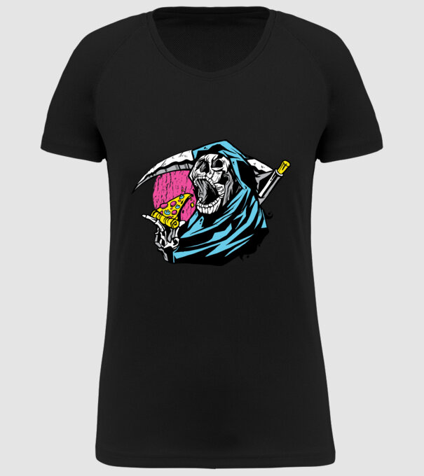 Om cu coasă și pizza model negru pe tricou