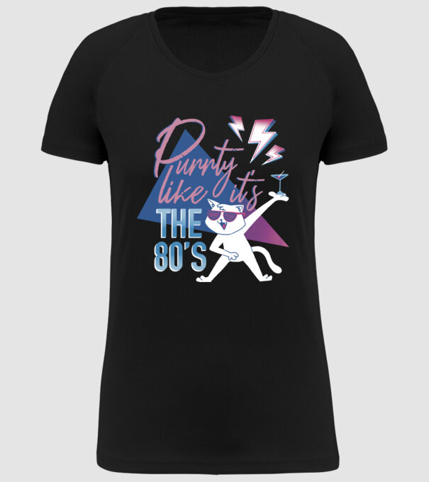 'Purrty Like it''s the 80''s' model negru pe tricou