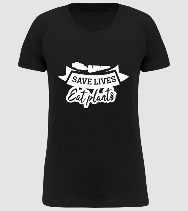 Save lives eat plants model negru pe tricou