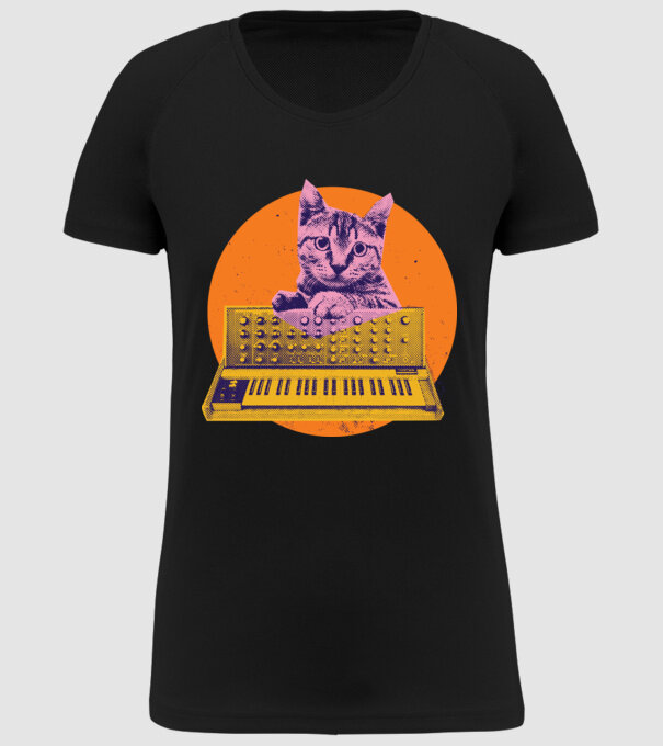 Pisică cu sintetizator model negru pe tricou