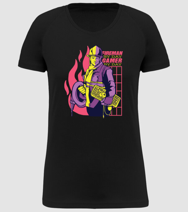 Pompier ziua, Gamer noaptea model negru pe tricou